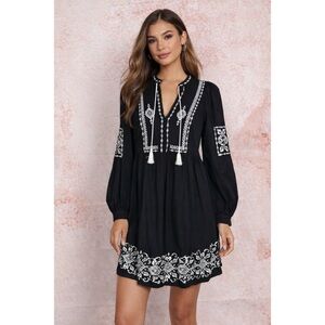 OLD NAVY embroidered peasant dress size S boho folk artisan global tassel ties